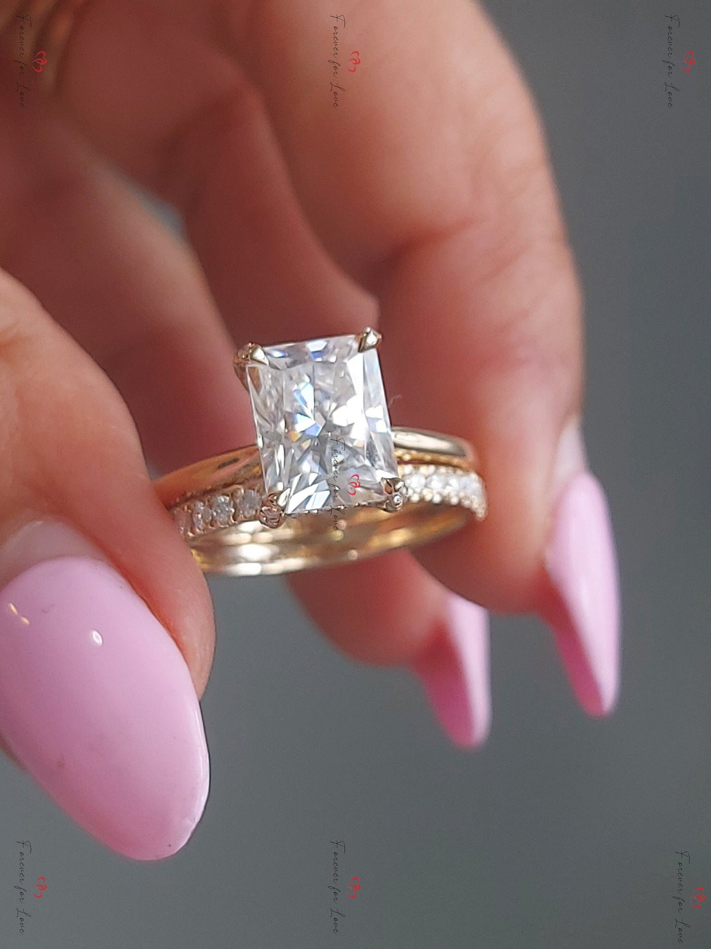 3 Ct Radiant Moissanite Engagement Ring Radiant cut Moissanite Brilliant Cut engagement ring in 935 Argentium Silver — custom handcrafted by Forever For Love