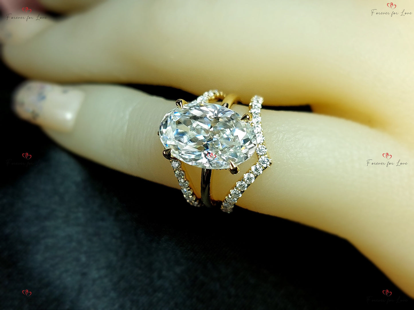 9.5 Ct Oval Moissanite Hidden Halo Bridal Set Oval cut Moissanite Brilliant Cut engagement ring in 935 Argentium Silver — custom handcrafted by Forever For Love