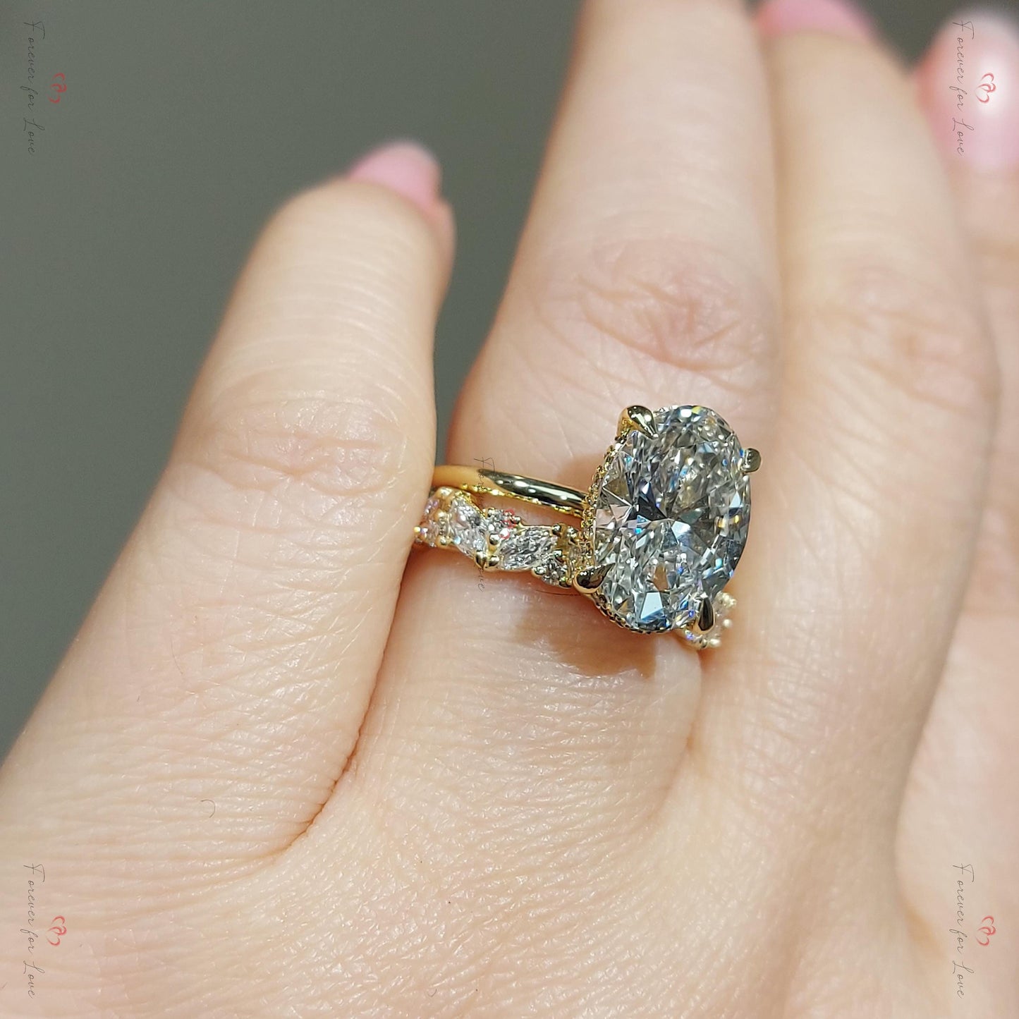 3,5 Karat ovales Labordiamant-Brautset Oval cut Moissanite engagement ring in 935er Argentium Silber — custom handcrafted by Forever For Love