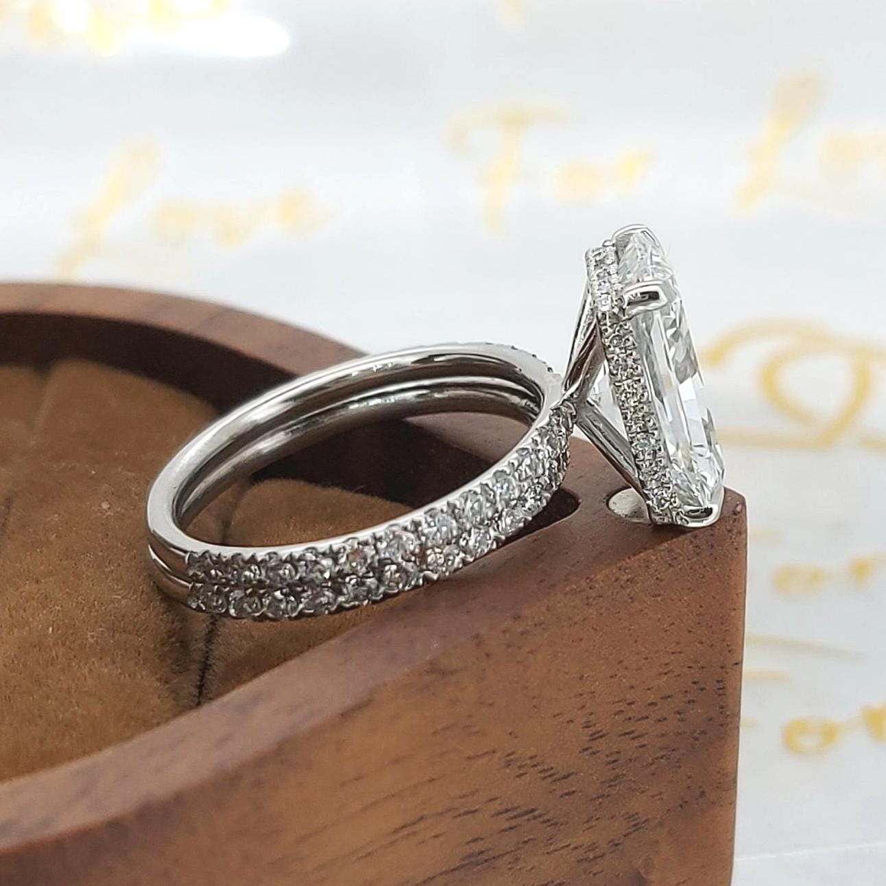 3.5 Ct IGI Certified Radiant Lab Diamond Halo Bridal Set Radiant cut Moissanite Brilliant Cut engagement ring in 935 Argentium Silver — custom handcrafted by Forever For Love