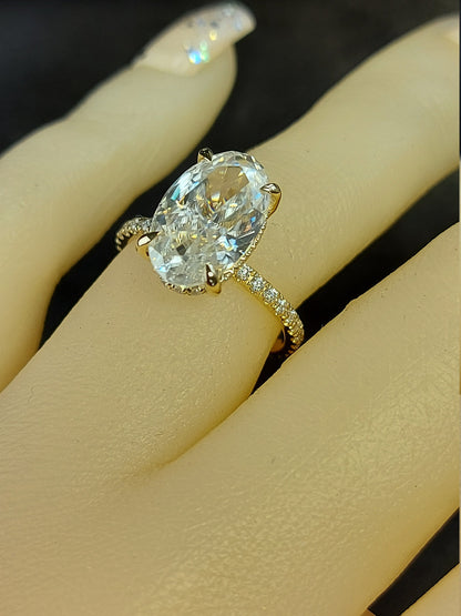 6 CT Moissanite Engagement Ring in Hidden Halo, 14*9mm Elongated Crushed Ice Oval Cut Ring, Modern Oval Diamond Ring, 14k Solid Yellow Gold