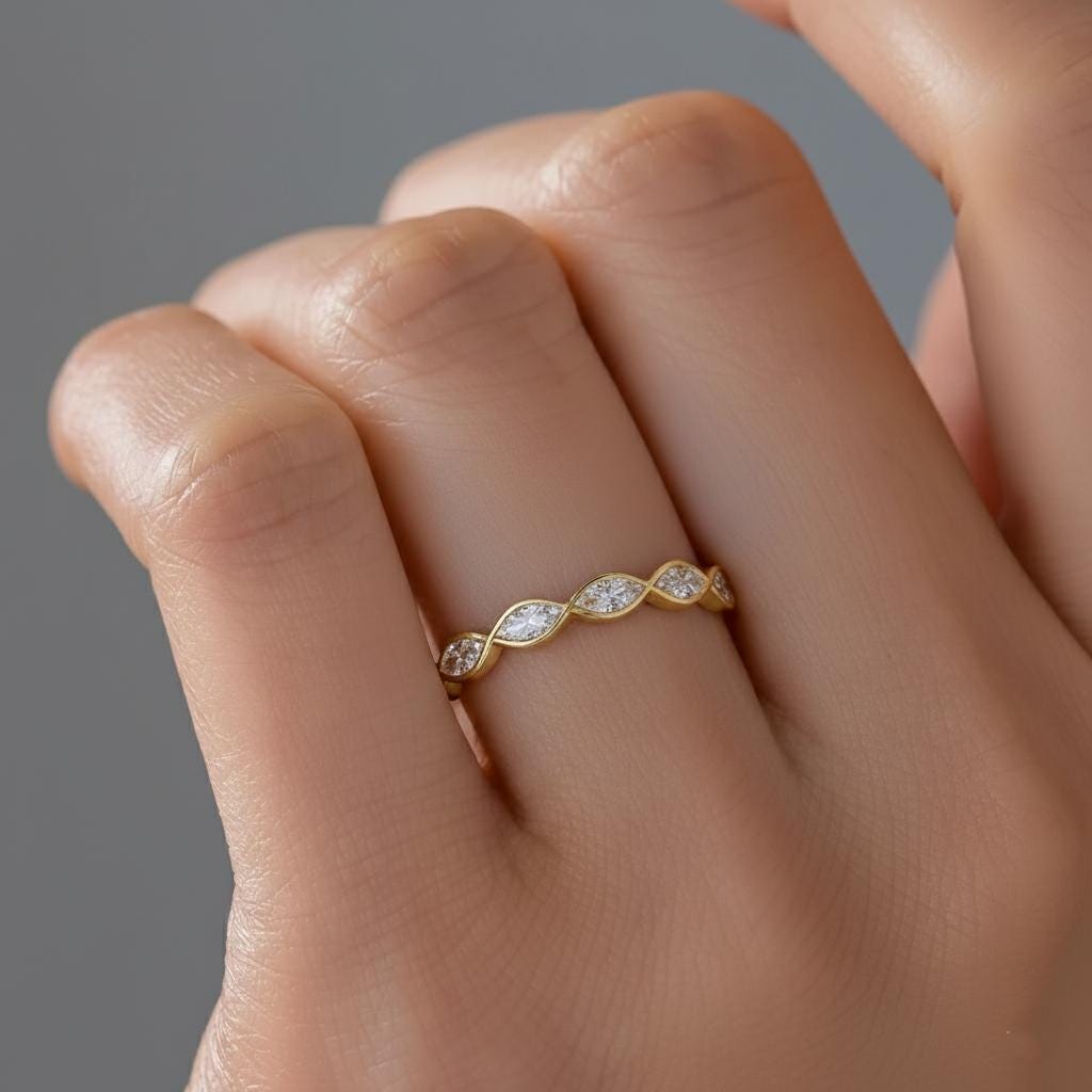Diamond Marquise cut wedding east west band women Full eternity band Unique Yellow gold wedding vintage Matching bridal Stacking ring.