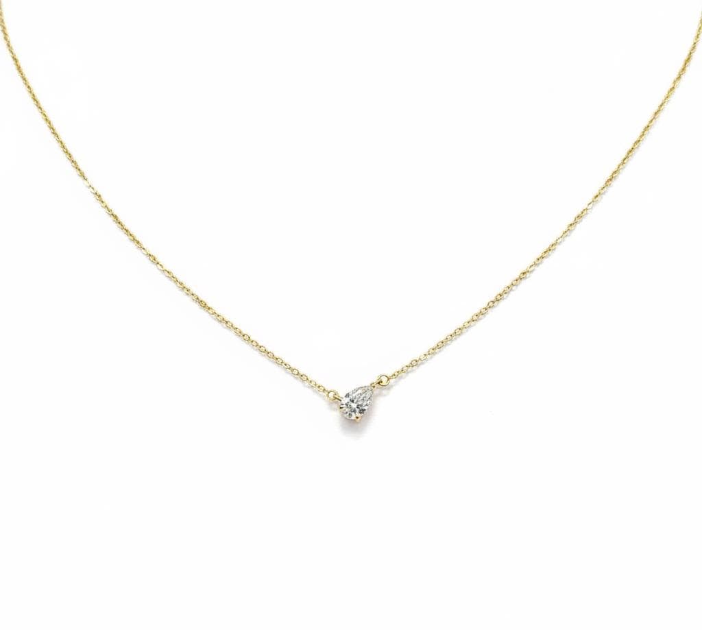 Pear diamond Necklace, 14k Yellow Gold, Dainty Minimalist Pear Pendant, Lab Diamond Womens Necklace, Special Gift For Her. Moissanite engagement ring in Gold or Platinum — custom handcrafted by Forever For Love