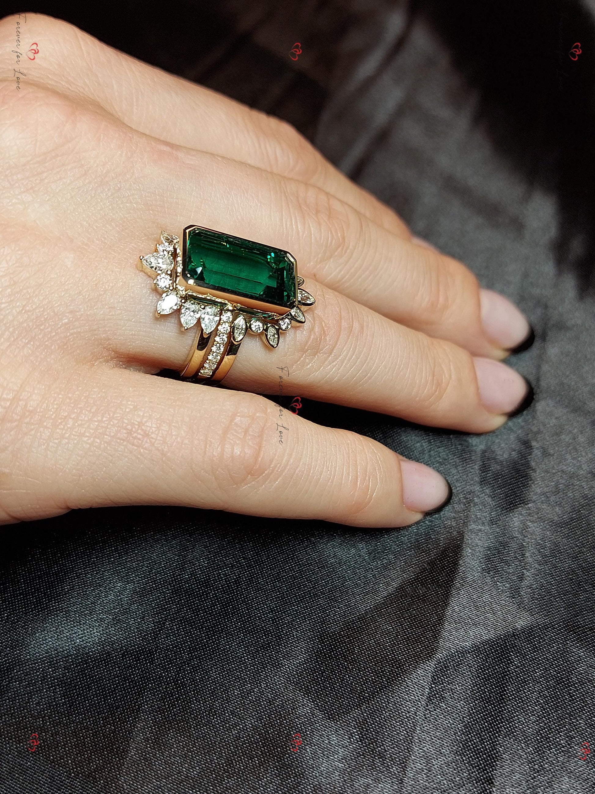 Marquise Diamond, Emerald Wedding Band