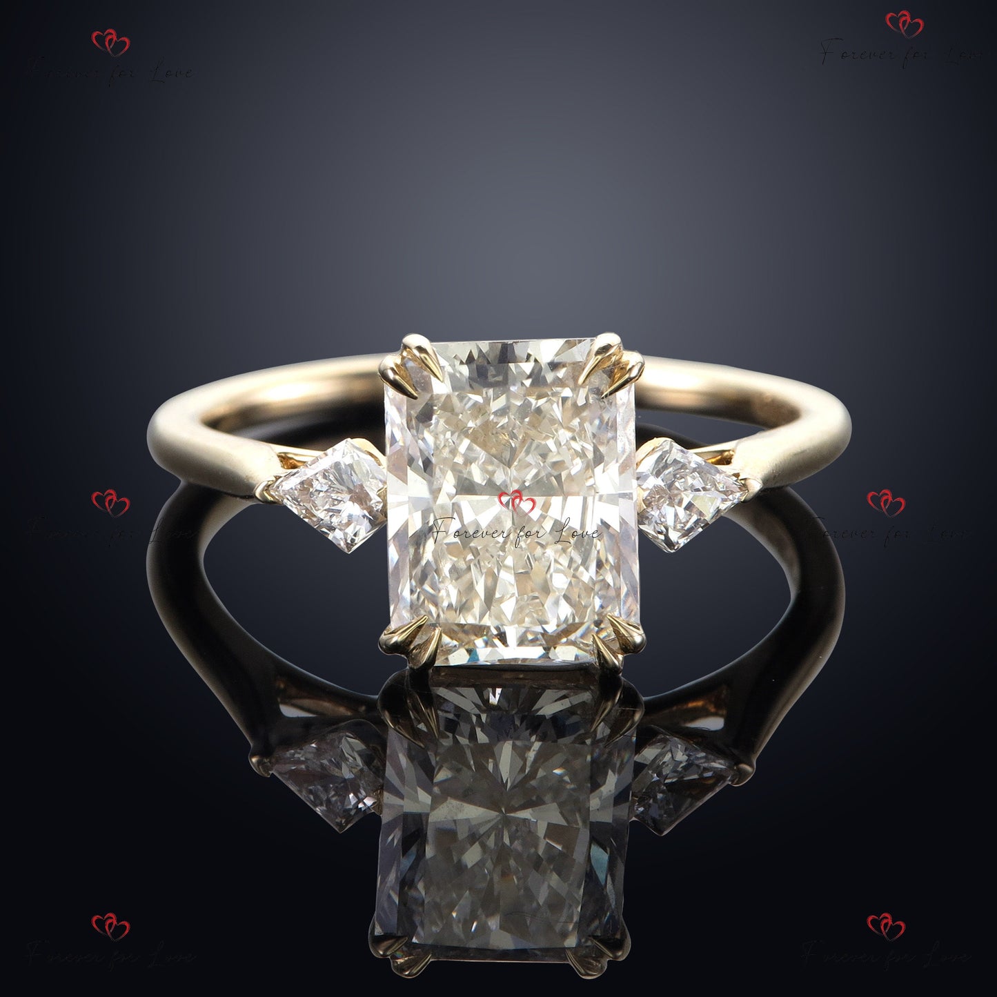 2 Karat IGI-zertifizierter strahlender Labor-Diamant-Verlobungsring mit drei Steinen Radiant cut Moissanite engagement ring in Gold or Platinum — custom handcrafted by Forever For Love