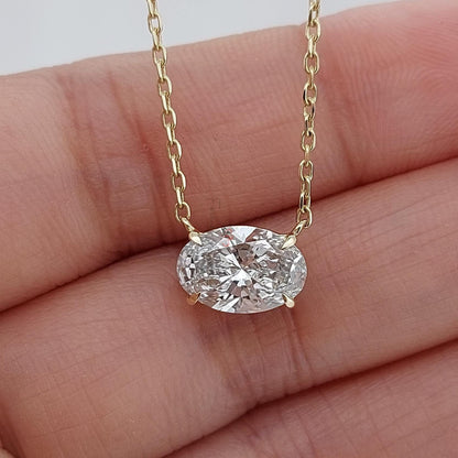 Pendentif flottant solitaire en diamant taille ovale avec chaîne de 45,7 cm, certifié IGI, 2 carats, couleur F, pureté VS1, or jaune 14 carats, diamant créé en laboratoire