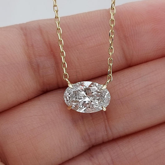 Oval Cut Diamond Solitaire Floating Pendant with 18 inch Chain, IGI Certified 2 Carat F Color VS1 Clarity 14k Yellow Gold, Lab Grown Diamond
