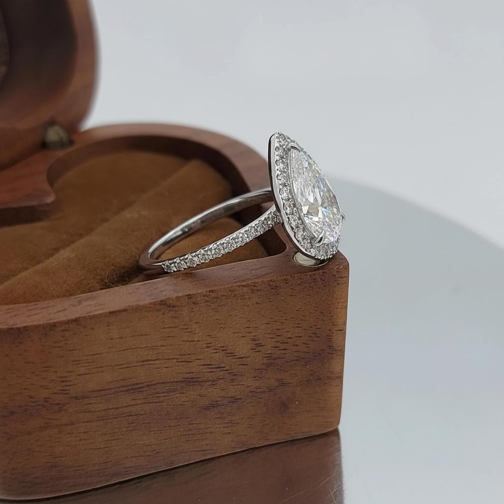 2.5 Ct IGI Certified Pear Lab Diamond Halo Engagement Ring Pear cut 1Ct Moissanite Brilliant Cut engagement ring in 935 Argentium Silver — custom handcrafted by Forever For Love