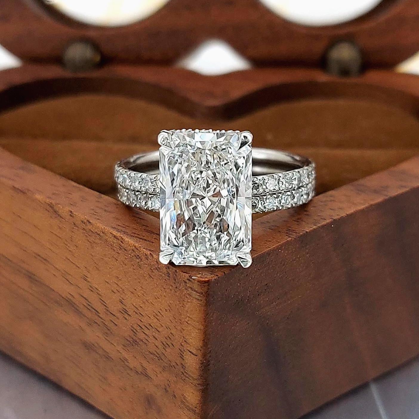3.5 Ct IGI Certified Radiant Lab Diamond Halo Bridal Set Radiant cut Moissanite Brilliant Cut engagement ring in 935 Argentium Silver — custom handcrafted by Forever For Love