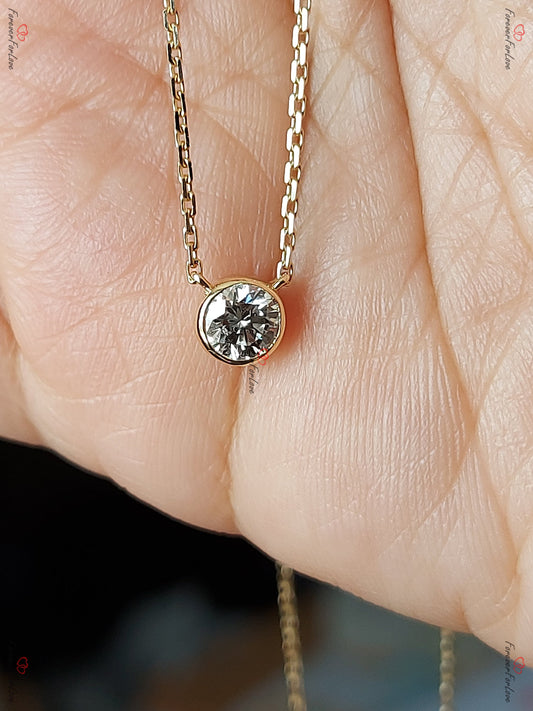 Round Diamond Necklace, 14k Yellow Gold, Dainty Minimalist Diamond Pendant, Real Diamond Bezel Women's Necklace, Bridesmaid Necklace Gift.