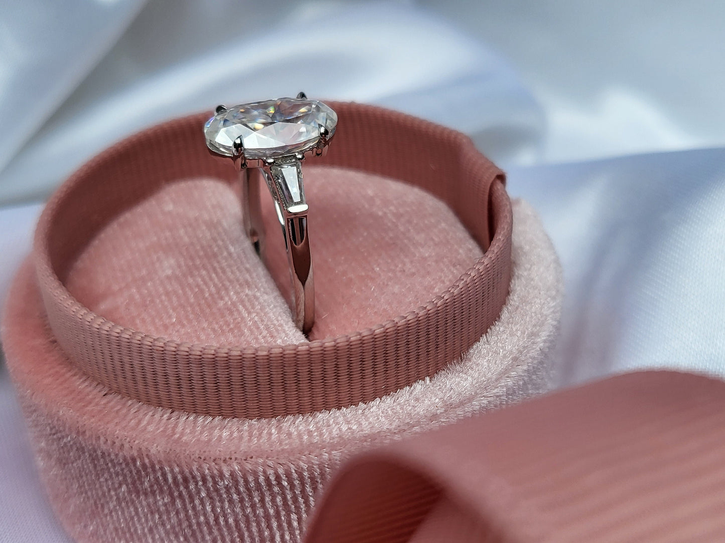 Oval Cut tapered baguette Moissanite Engagement Ring 3CT Moissanite Ring Unique Three-Stone Anniversary Gift Vintage Style Promise Ring. Oval cut Moissanite engagement ring in Gold or Platinum — custom handcrafted by Forever For Love