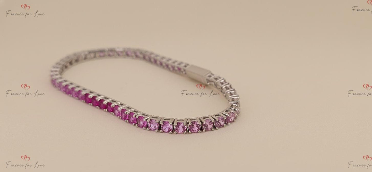 Tennisarmband mit pinkfarbenen Diamanten, massives Gold Baby Pink Armband, 14k oder 18k buntes Eternity Design, Krappenfassung, Muttertagsgeschenk Moissanite engagement ring in Gold or Platinum — custom handcrafted by Forever For Love