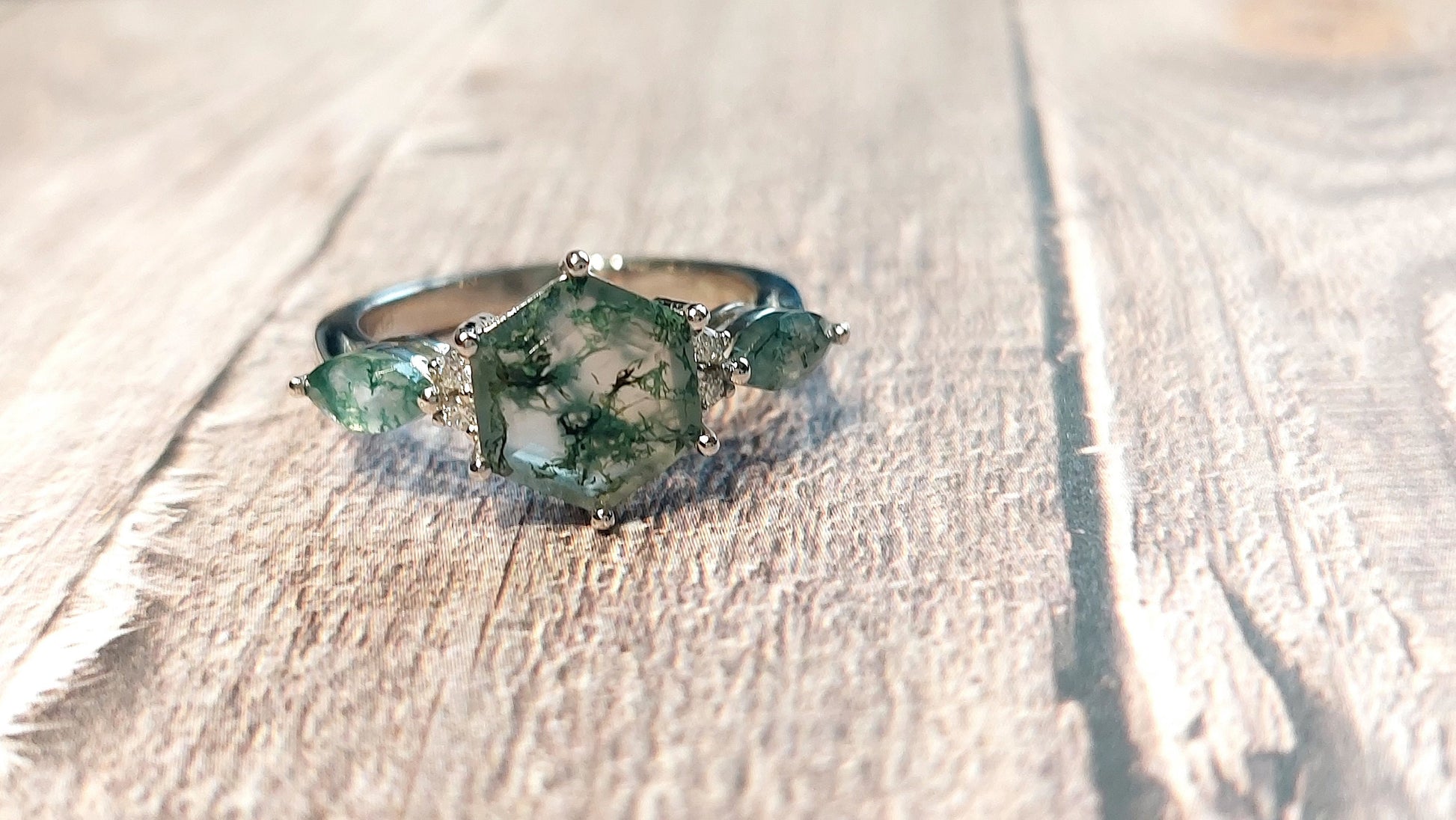 Hexagon Moissanite, Moss Agate Engagement Ring