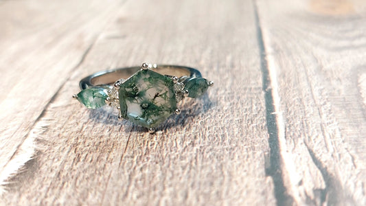 Hexagon Moissanite, Moss Agate Engagement Ring