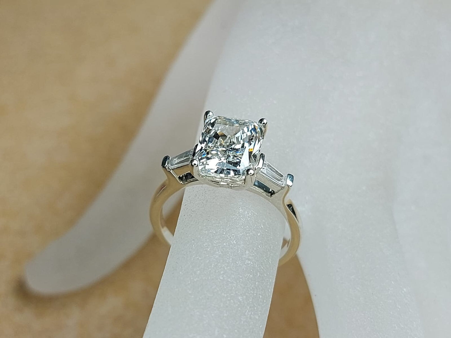 2.5 Ct IGI Certified Radiant Lab Diamond Three Stone Engagement Ring Radiant cut Moissanite engagement ring in Gold or Platinum — custom handcrafted by Forever For Love