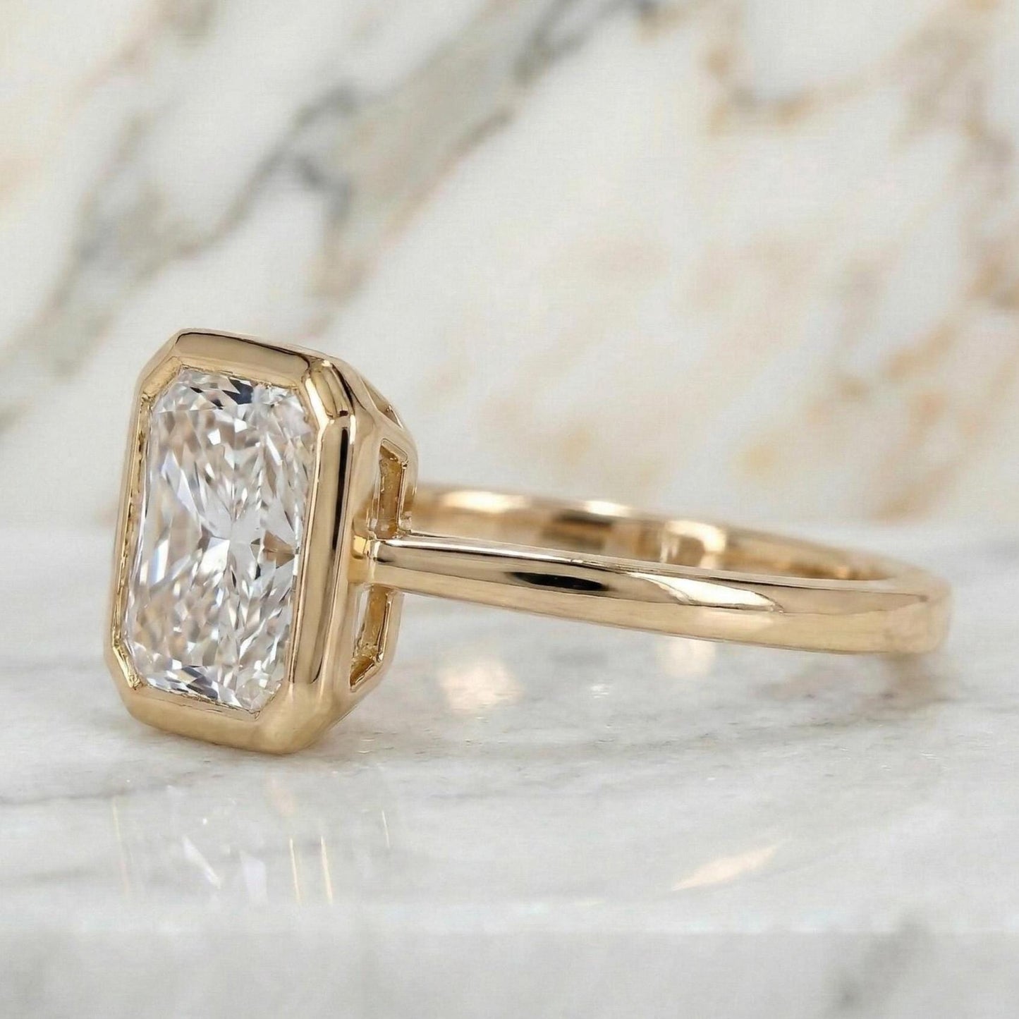 Bague de Fiançailles Solitaire en Diamant de Laboratoire Radiant Certifié IGI Radiant cut 1Ct Moissanite taille brillant engagement ring in Gold or Platinum — custom handcrafted by Forever For Love