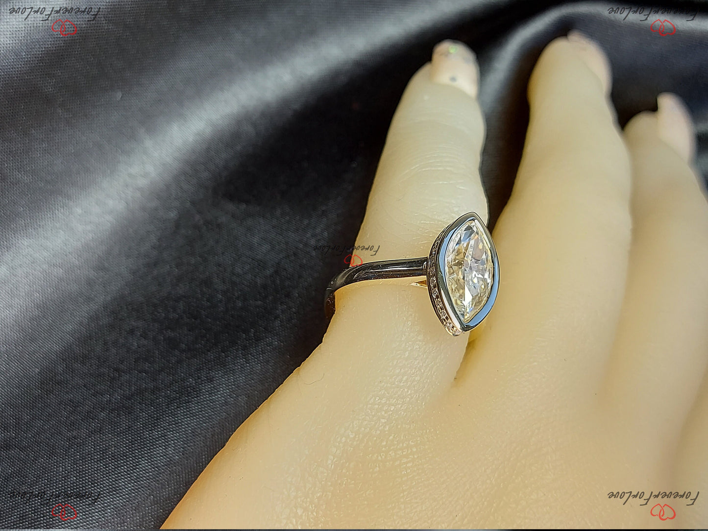 Marquise Moissanite Bezel Engagement Ring Marquise cut 1Ct Moissanite Brilliant Cut engagement ring in 935 Argentium Silver — custom handcrafted by Forever For Love