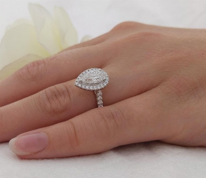1.5 Ct Pear Lab Diamond Halo Engagement Ring Pear cut 1Ct Moissanite Brilliant Cut engagement ring in 935 Argentium Silver — custom handcrafted by Forever For Love