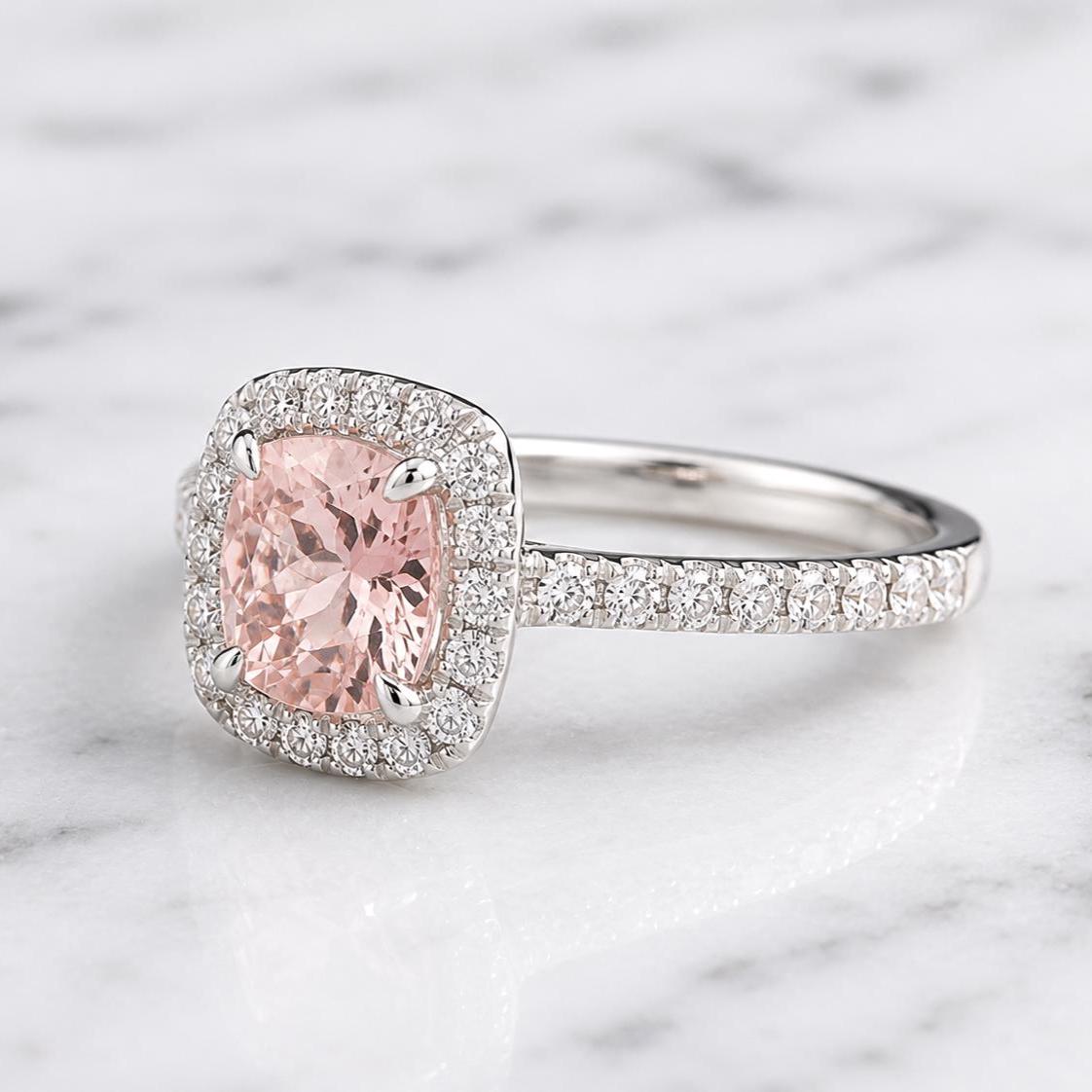 1.25 ct Pink Morganite Engagement Ring 14K White Gold Diamond Women Wedding Halo Bridal Art Deco Anniversary Gift for her.