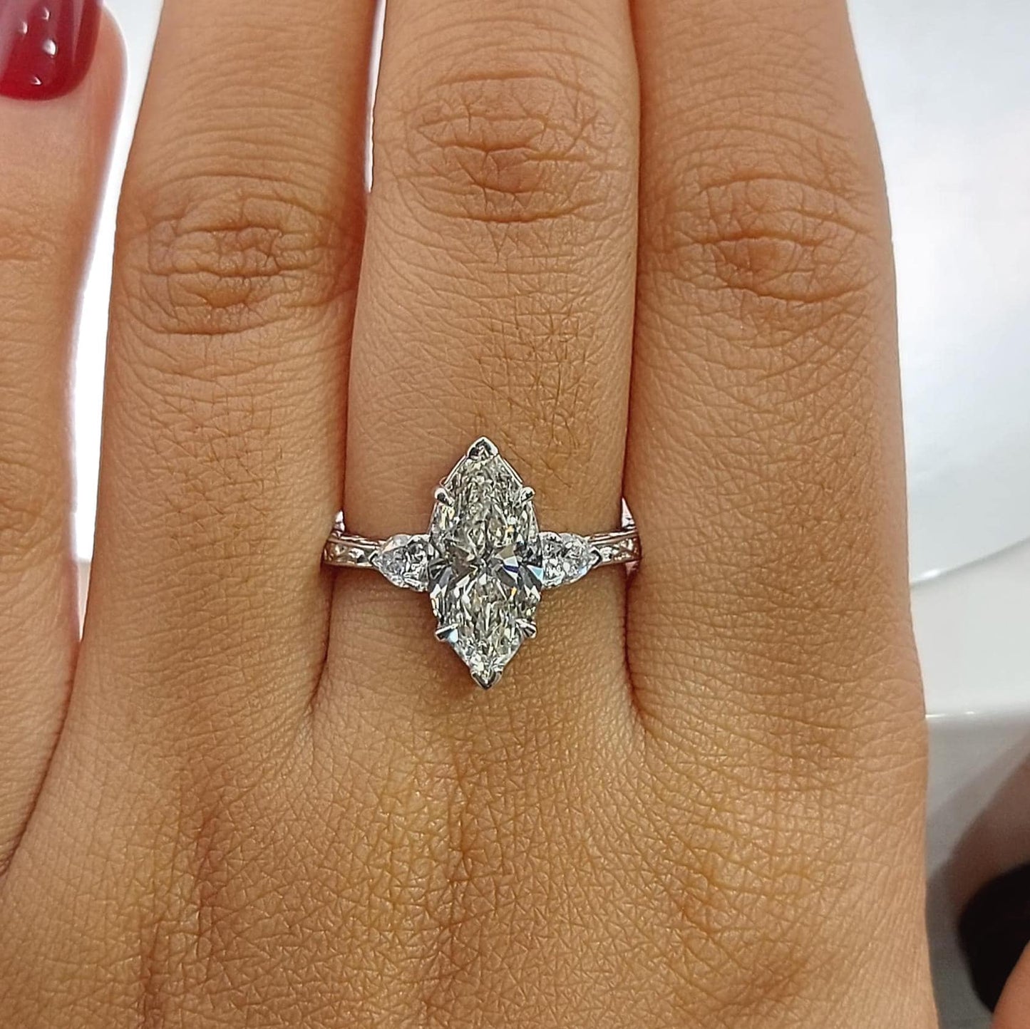 IGI Certified Marquise Lab Diamond Engagement Ring Marquise cut 1Ct Moissanite Brilliant Cut engagement ring in 935 Argentium Silver — custom handcrafted by Forever For Love