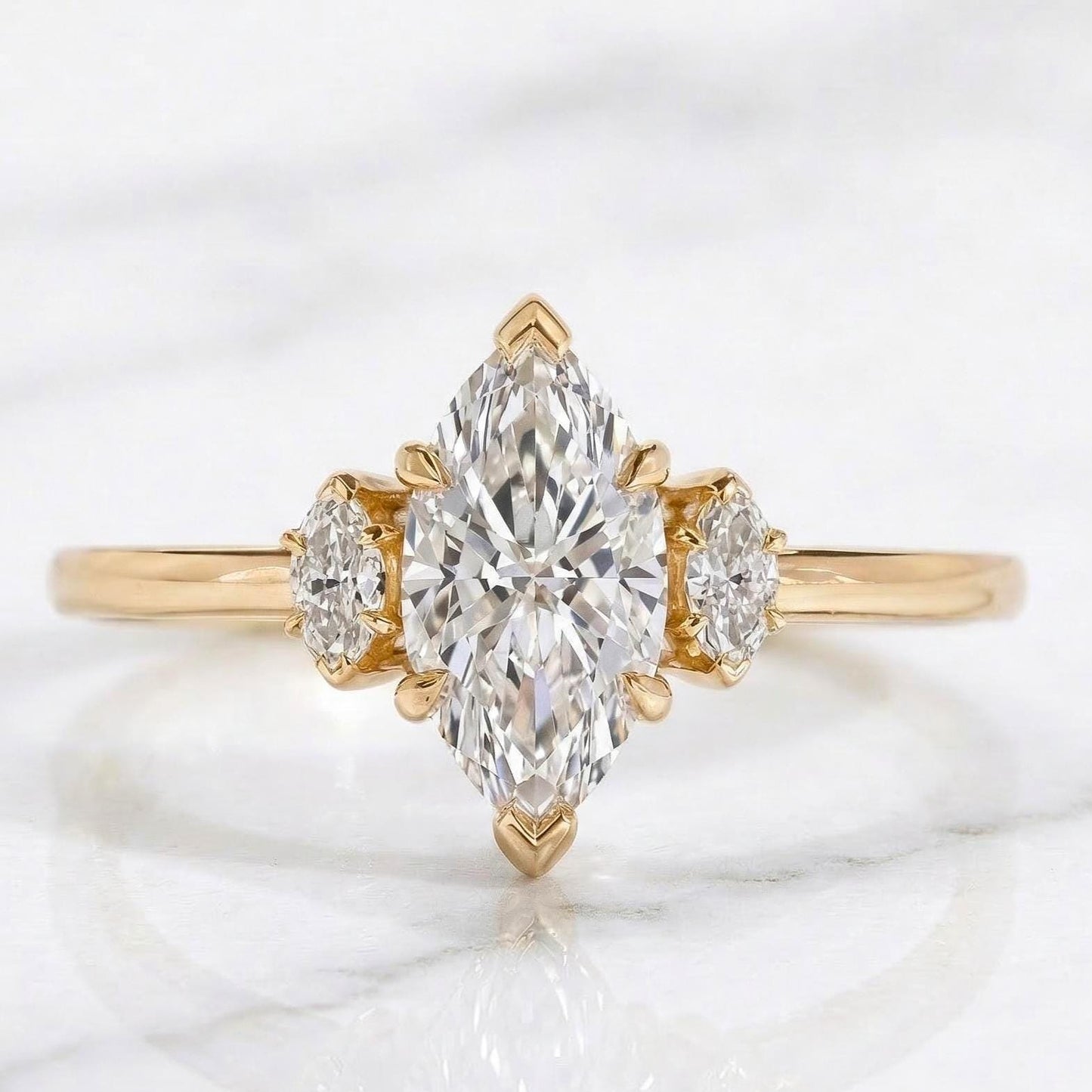 1 Ct Marquise Lab Diamond Three Stone Engagement Ring Marquise cut Moissanite engagement ring in Gold or Platinum — custom handcrafted by Forever For Love
