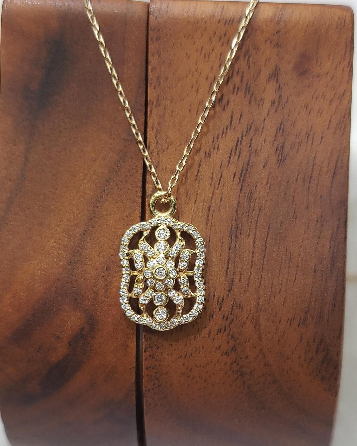 Diamond Flower Pendant Necklace, Vintage Style Halo Diamond Necklace, 14K Yellow Gold Floral Diamond Pendant, Gift for Her Moissanite engagement ring in Gold or Platinum — custom handcrafted by Forever For Love