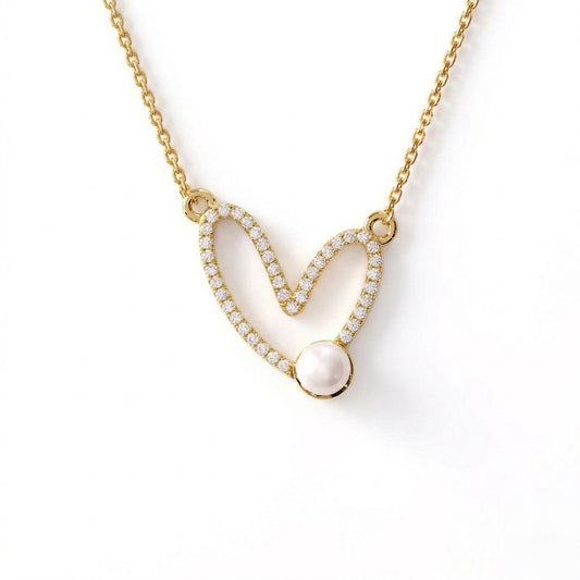 Dainty Diamond Heart Shaped Necklace with Pearl, 14K Gold Heart Pendant, Minimalist Necklace, Wedding Jewelry, Everyday Fine Jewelry Gift
