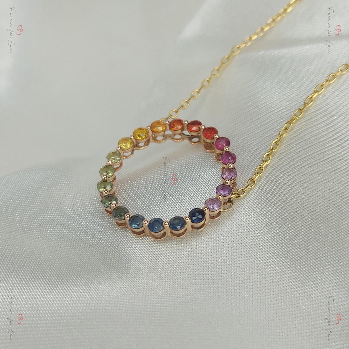 14k Rose Gold Pendant with Multi-Color Sapphires, Dainty Minimalist Sapphire Pendant,  Womens Necklace, Special Gift For Her. Moissanite engagement ring in Gold or Platinum — custom handcrafted by Forever For Love
