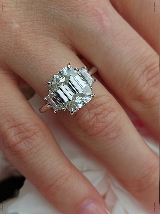 Emerald Moissanite Three Stone Engagement Ring