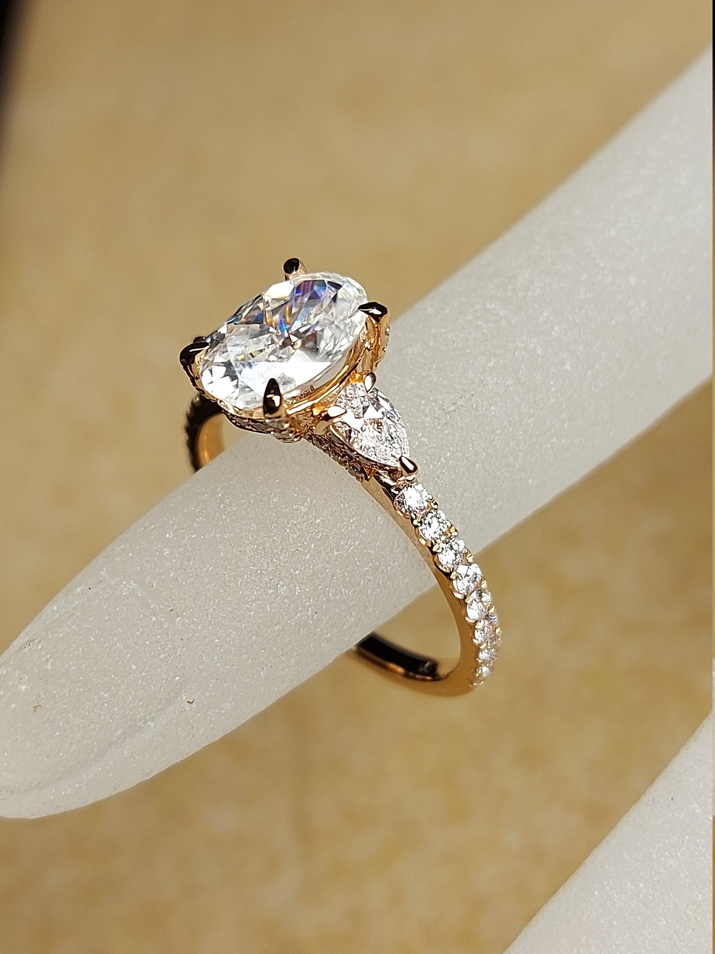 1.5 Ct Oval Diamond, Moissanite Three Stone Engagement Ring Oval cut Moissanite engagement ring in 14K Rose Gold — custom handcrafted by Forever For Love
