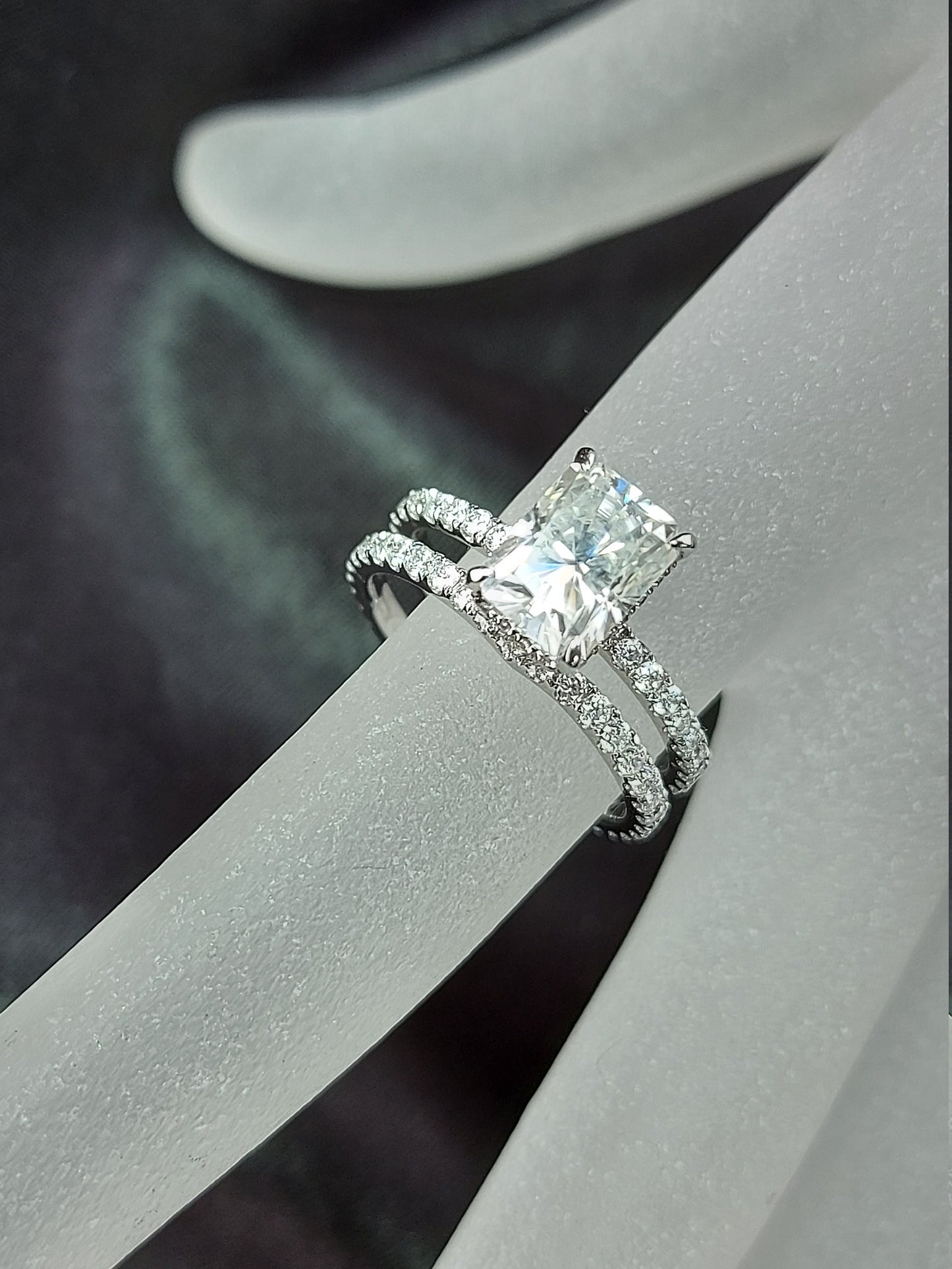 2 Ct Radiant Moissanite Eternity Band Radiant cut Moissanite Brilliant Cut engagement ring in 935 Argentium Silver — custom handcrafted by Forever For Love