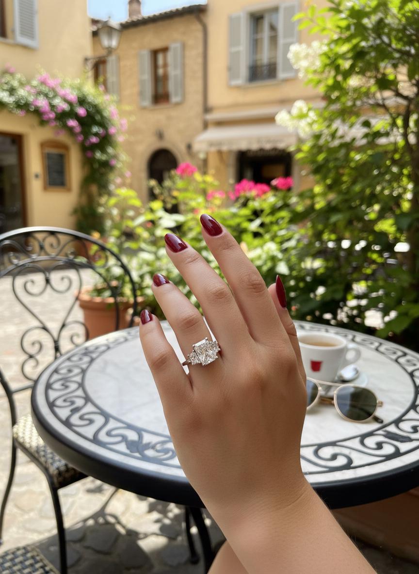 5 Carat E Color VVS2 Clarity IGI Certified Radiant Cut Three Stone Lab Grown Diamond Engagement Ring, Side Trapezoids 14k White Gold