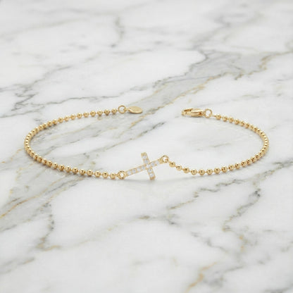 14k Gold Diamant Kleines Armband, Zartes Kreuzarmband, Massive Kugelkette, Christlicher Schmuck, Massivgold, Zartes Armband, Geschenk für Sie