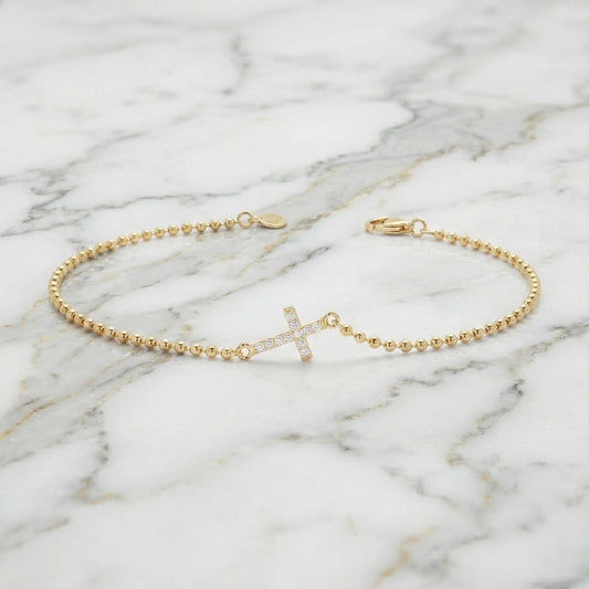 14k Gold Diamond Small Bracelet, Dainty Cross Bracelet, Solid Ball chain, Christian Jewelry, Solid Gold, Dainty Bracelet, Gift for Her