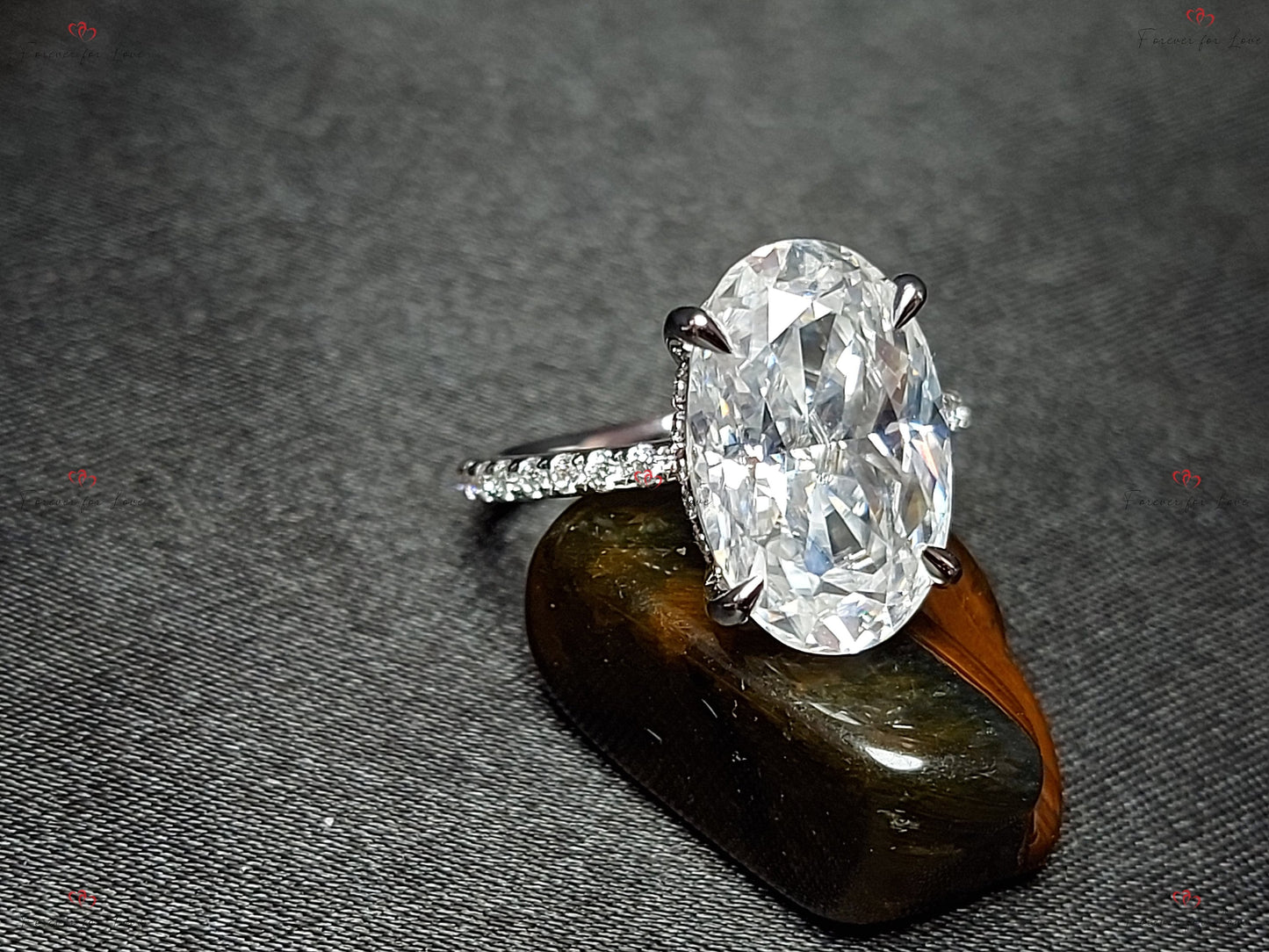 7 Ct Oval Moissanite Hidden Halo Ring with Pavé Band Oval cut Moissanite Brilliant Cut engagement ring in 935 Argentium Silver — custom handcrafted by Forever For Love