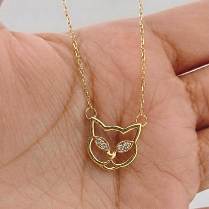 Massive Gold Katzenkette, 14k Gelbgold, zierlicher minimalistischer Katzenanhänger, zierliche Damenkette, besonderes Geschenk für sie.