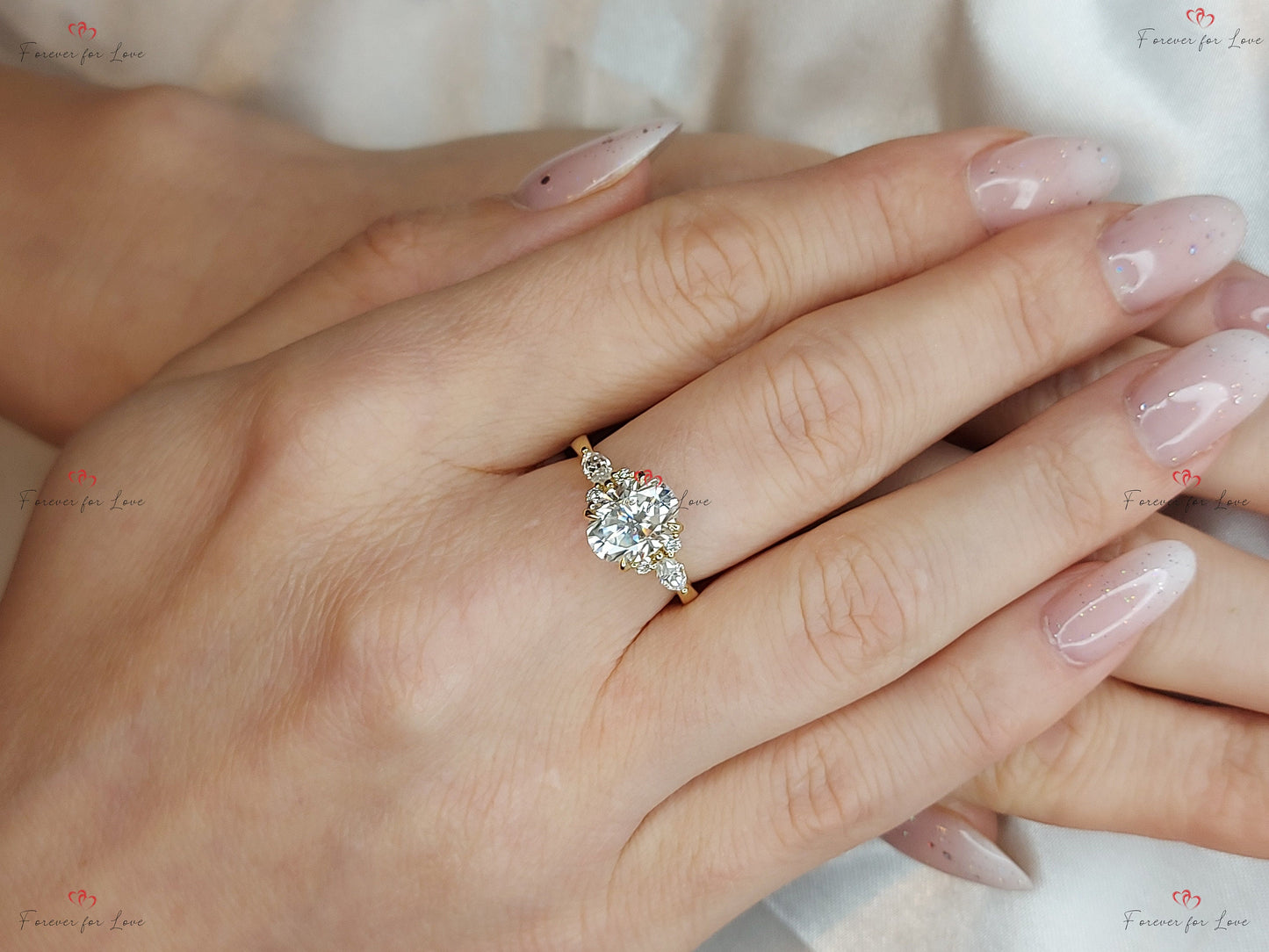 Oval Moissanite engagement ring unique Cluster Yellow gold engagement ring women Marquise diamond wedding Bridal art deco Anniversary Ring. Oval cut 6*8mm Moissanite engagement ring in Gold or Platinum — custom handcrafted by Forever For Love