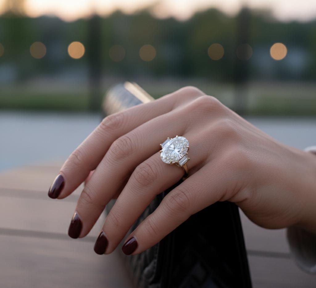 11 Ct IGI Certified Baguette Lab Diamond Three Stone Engagement Ring Baguette cut Moissanite engagement ring in Gold or Platinum — custom handcrafted by Forever For Love