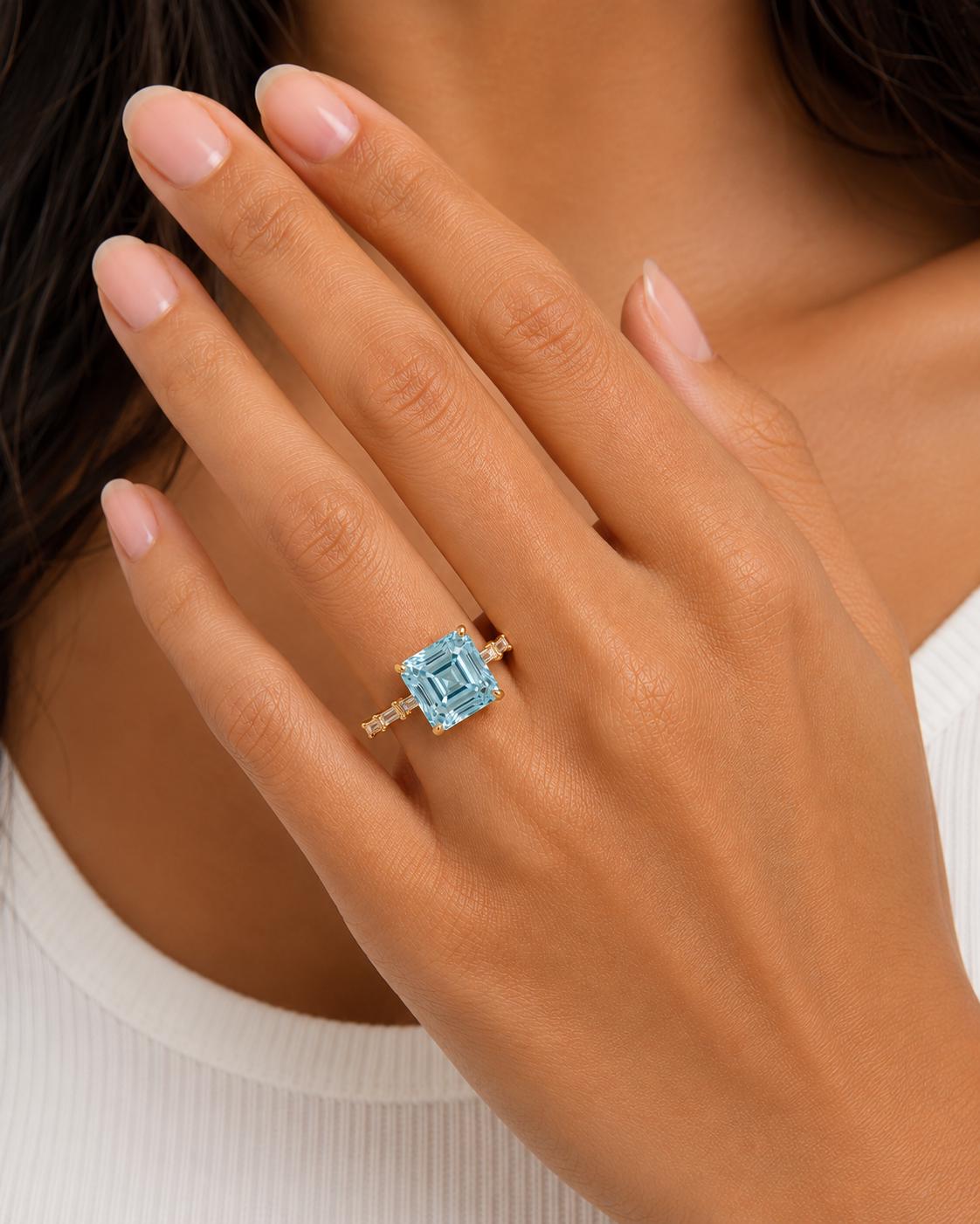 2.6 carat Aquamarine Asscher Cut with Baguette Lab Grown Diamond side stone E, VVS2 Engagement Ring 18k Yellow Gold, Perfect gift for her.