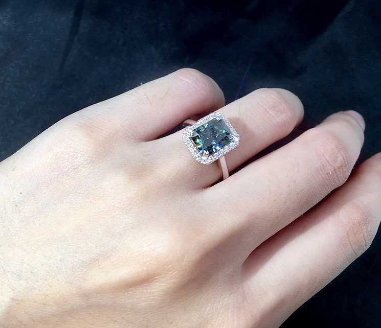 3 Ct Radiant Green Moissanite Halo Engagement Ring Radiant cut 1Ct Moissanite Brilliant Cut engagement ring in 935 Argentium Silver — custom handcrafted by Forever For Love