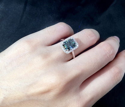 3 Ct Radiant Green Diamond, Moissanite Halo Engagement Ring