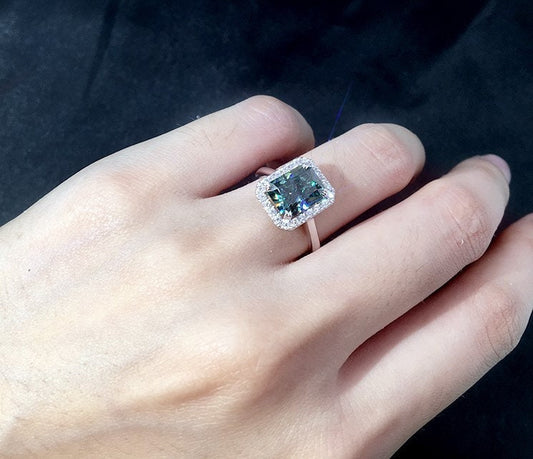 3 Ct Radiant Green Diamond, Moissanite Halo Engagement Ring