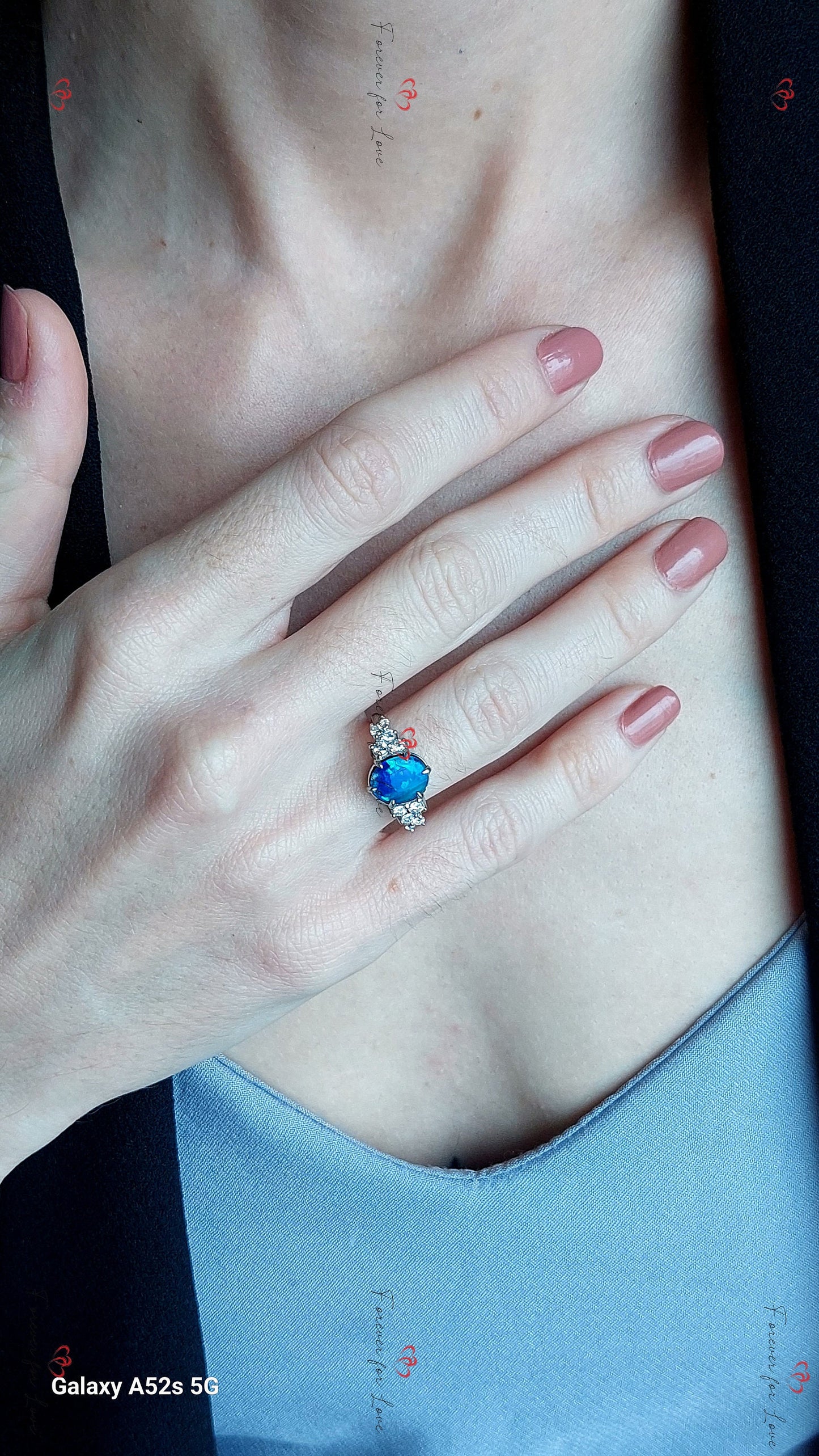 Bague de fiançailles ovale en moissanite et opale Oval cut Moissanite engagement ring in Gold or Platinum — custom handcrafted by Forever For Love