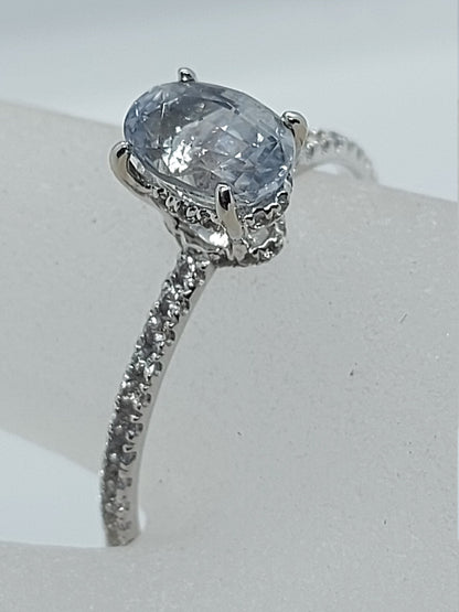 1.6 Ct Oval White Diamond, Sapphire Engagement Ring