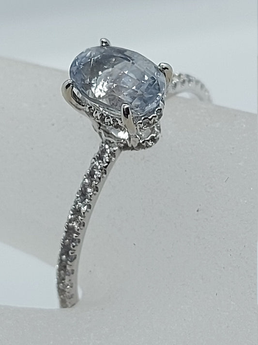 1.6 Ct Oval White Diamond, Sapphire Engagement Ring
