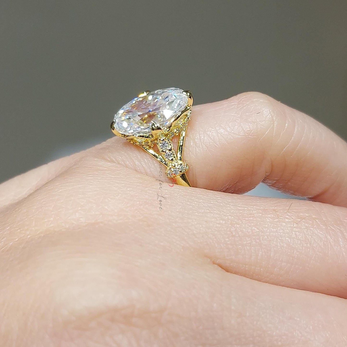 4 Ct Oval Moissanite Hidden Halo with Eternity Shank Engagement Ring Oval cut 1Ct Moissanite Brilliant Cut engagement ring in 935 Argentium Silver — custom handcrafted by Forever For Love