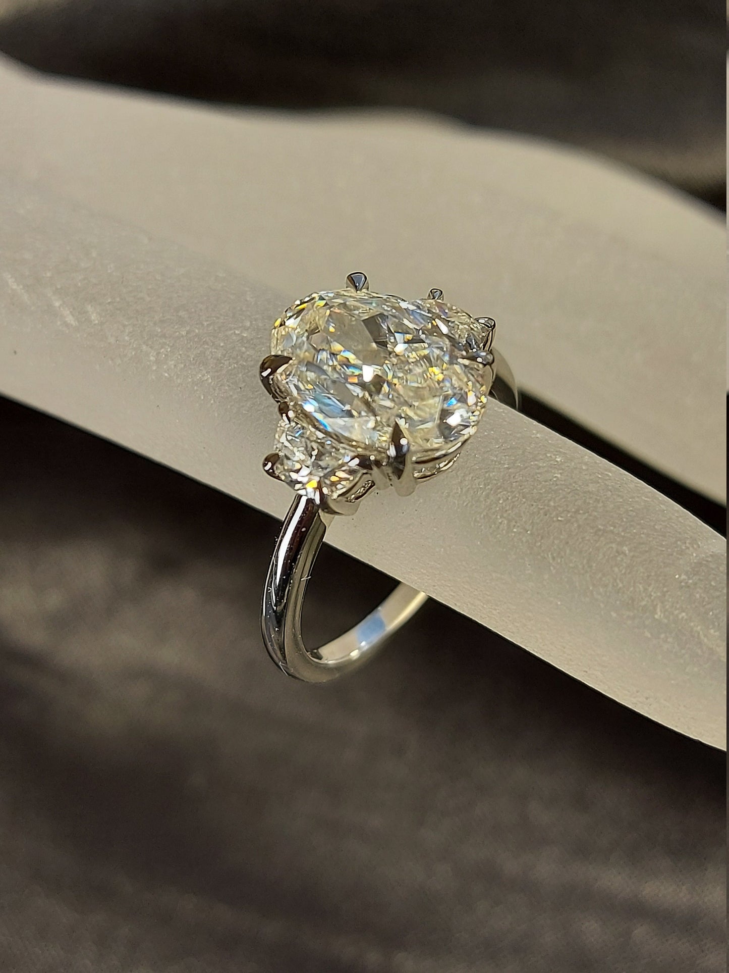 4.6 Ct Oval Moissanite Three Stone with Crushed Ice Bridal Set Oval cut Moissanite Brilliant Cut engagement ring in 935 Argentium Silver — custom handcrafted by Forever For Love