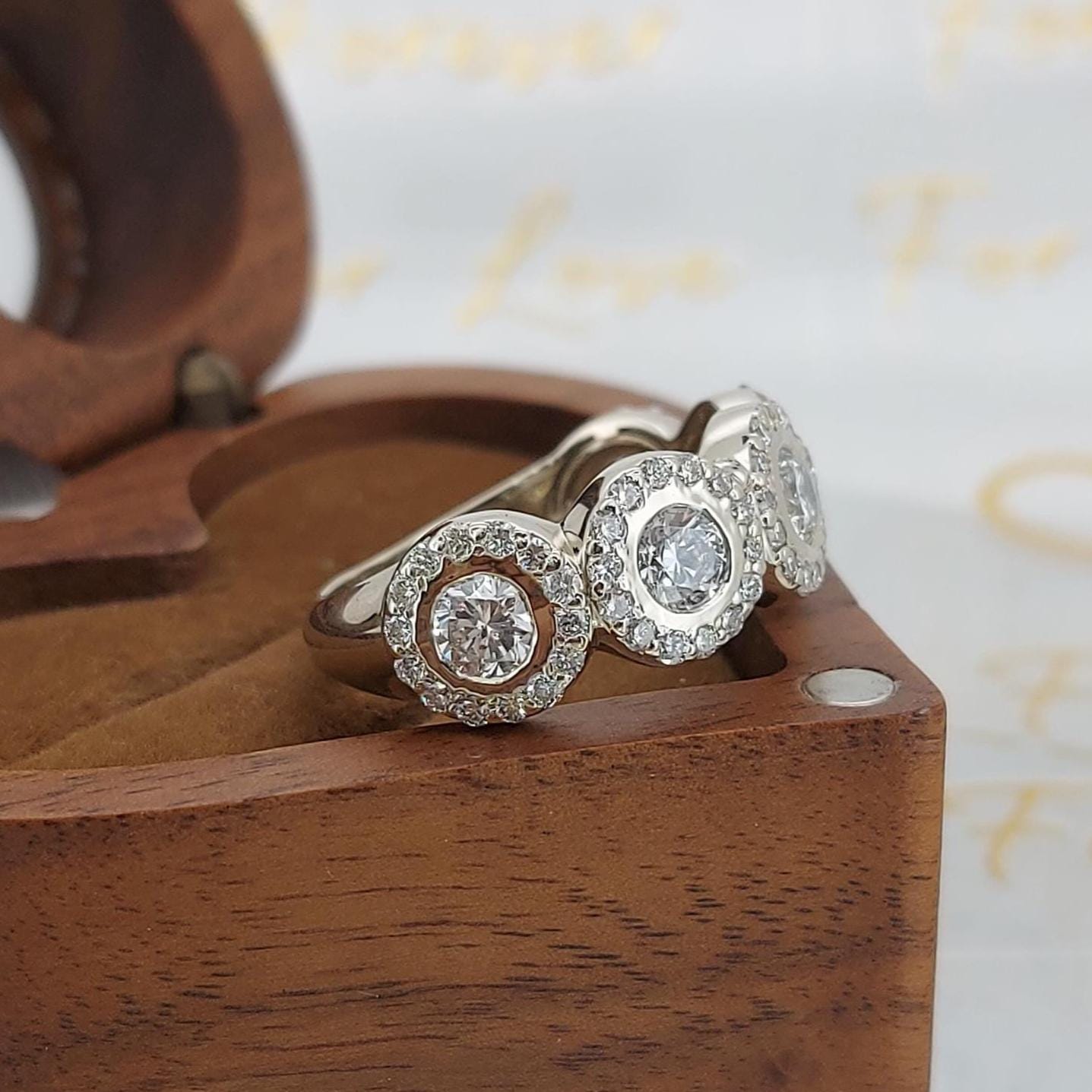 Bague demi-éternité en diamants ronds de laboratoire Round cut Moissanite taille brillant engagement ring in Gold or Platinum — custom handcrafted by Forever For Love