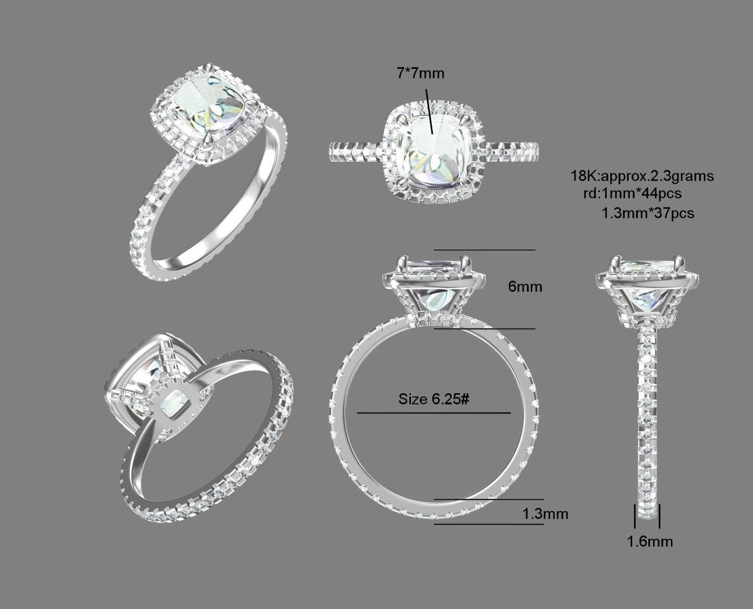 2 Ct Cushion Diamond, Moissanite Halo Engagement Ring