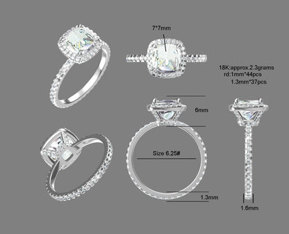 2 Ct Cushion Diamond, Moissanite Halo Engagement Ring